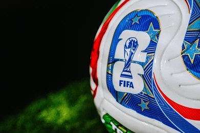 Close-up of a FIFA-branded soccer ball on grass