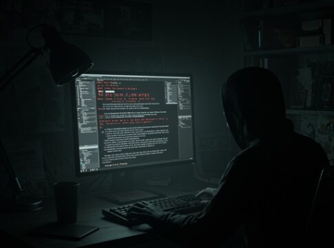 A person in a hoodie sitting at a desk, coding on a computer in a dimly lit room